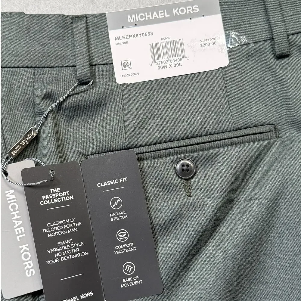 Michael Kors Men's Classic-Fit Wool-Blend Suit Pants Olive Melange 30x30 $200